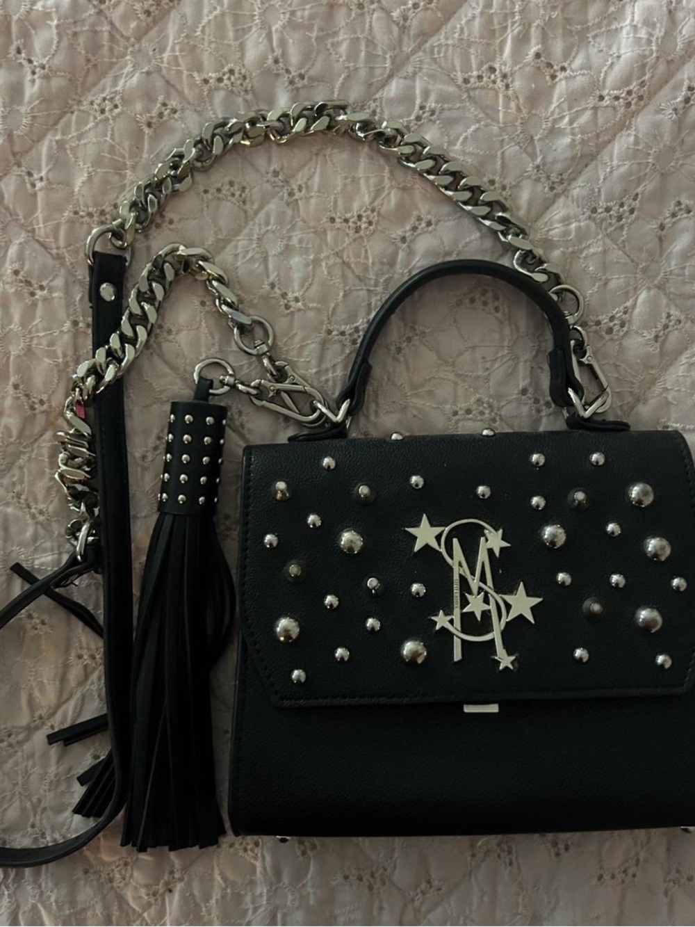 Black Studded Tassel Top-Handle Bag with Silver Chain